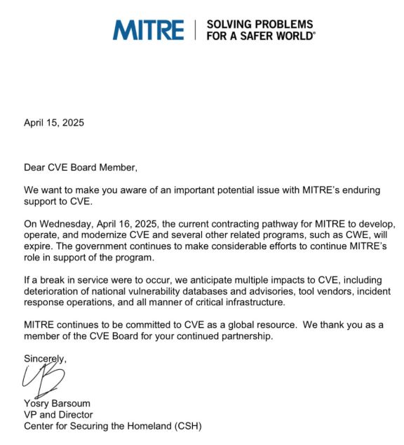 Letter from MITRE to CVE Board members