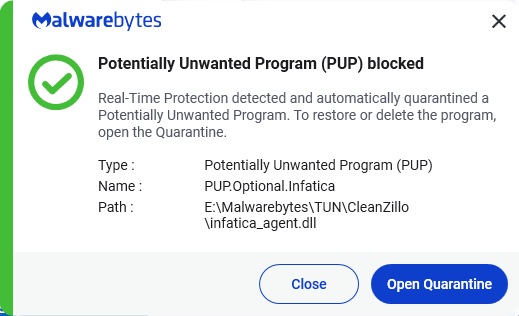Malwarebytes blocks PUP.Optional.Infatica