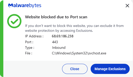 Malwarebytes blocks 68.69.186.238