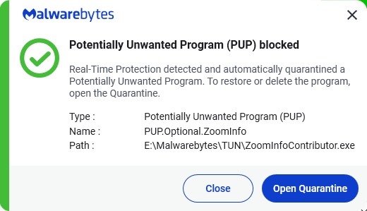Malwarebytes blocks PUP.Optional.ZoomInfo