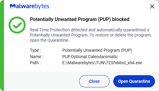 Malwarebytes blocks PUP.Optional.Calendaromatic