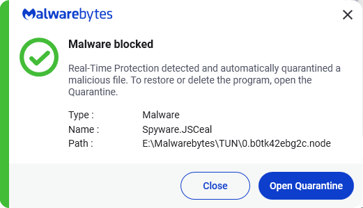 Malwarebytes blocks Spyware.JSCeal