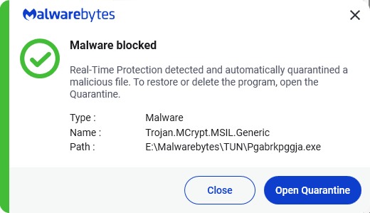 Malwarebytes blocks Trojan.MCrypt.MSIL.Generic