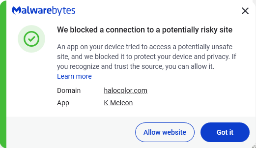 Malwarebytes blocks halocolor.com