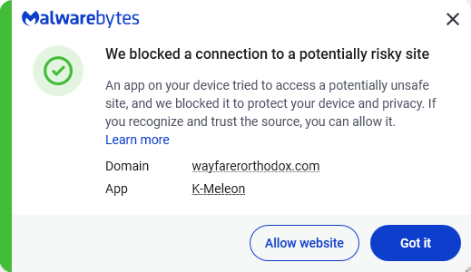 Malwarebytes blocks wayfarerorthodox.com