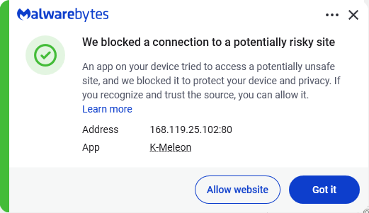 Malwarebytes blocks 168.119.25.102
