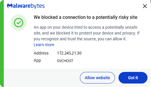 Malwarebytes blocks 172.245.21.30