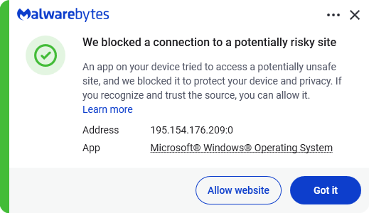 Malwarebytes blocks 195.154.176.209
