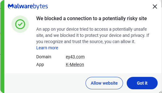 Malwarebytes blocks ey43.com