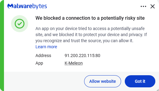 Malwarebytes blocks 91.200.220.115