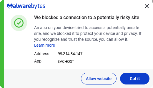 Malwarebytes blocks 95.214.54.147
