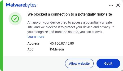 Malwarebytes blocks 45.156.87.40