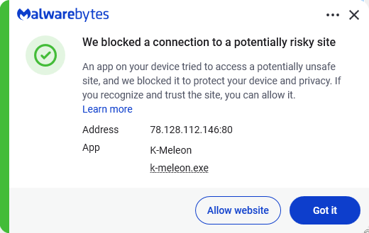 Malwarebytes blocks 78.128.112.146