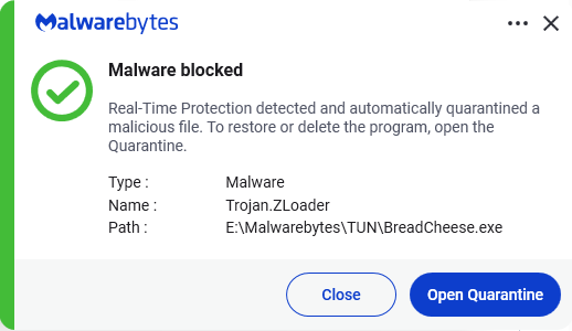 Malwarebytes blocks Trojan.ZLoader