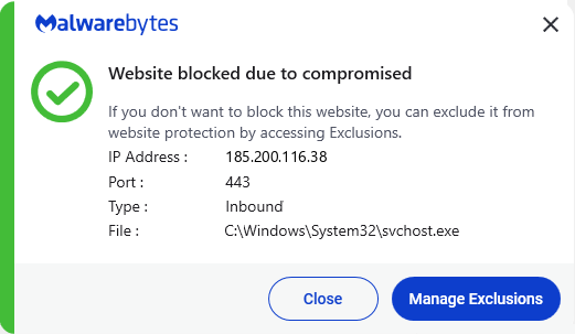 Malwarebytes blocks 185.200.116.38