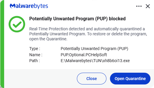 Malwarebytes blocks PUP.Optional.PCHelpSoft