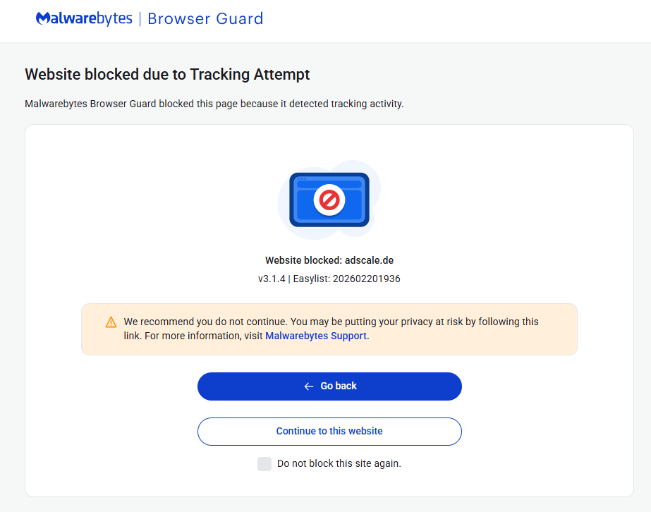 Malwarebytes Browser Guard blocks adscale.de