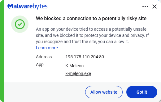 Malwarebytes blocks 195.178.110.204