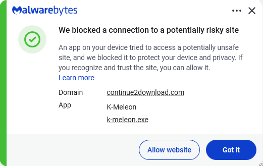 Malwarebytes blocks continue2download.com