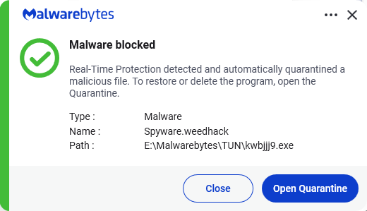 Malwarebytes blocks Spyware.weedhack