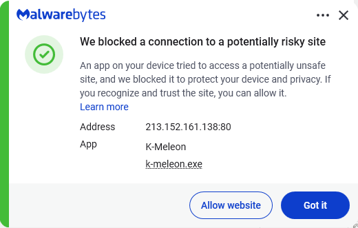 Malwarebytes blocks 213.152.161.138