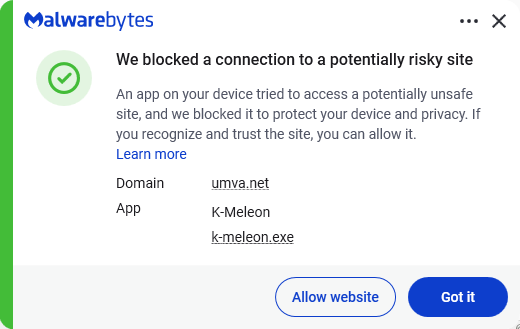 Malwarebytes blocks umva.net