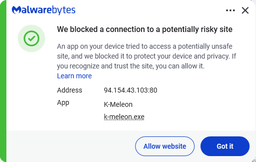 Malwarebytes blocks 94.154.43.103