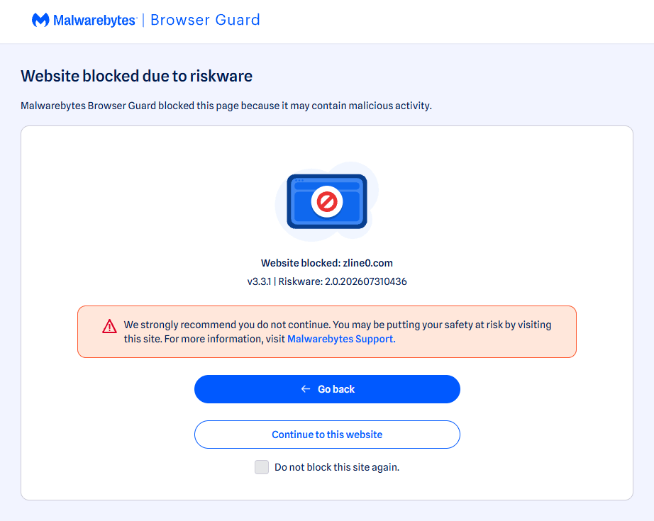 Malwarebytes blocks zline0.com