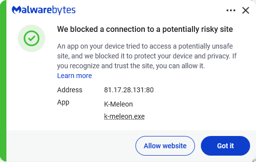 Malwarebytes blocks 81.17.28.131