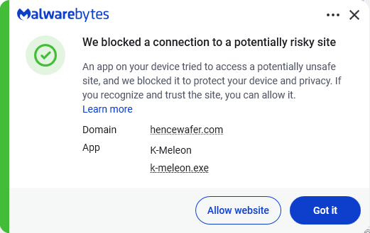 Malwarebytes blocks hencewafer.com
